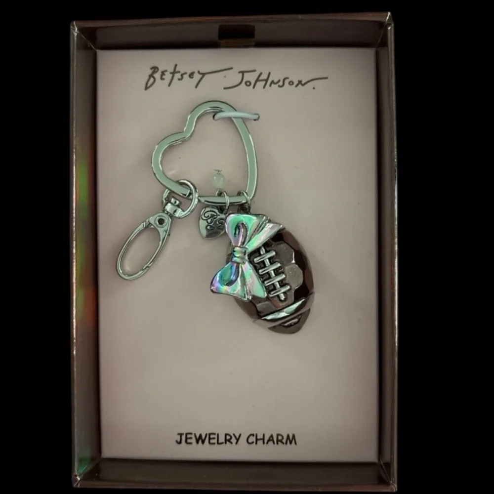 BETSEY JOHNSON Shiny Metallic Football with Pink Bow Bag Charm Keychain NEW NWT